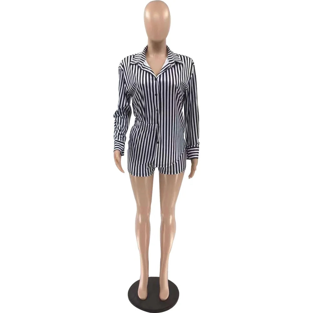 Summer Fashion Sporting Women set Striped Print Button Shirt Top Skinny Shorts Suit Two Piece Set Elegant Tracksuits