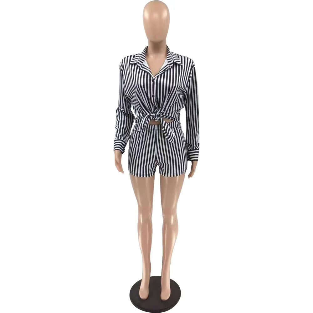 Summer Fashion Sporting Women set Striped Print Button Shirt Top Skinny Shorts Suit Two Piece Set Elegant Tracksuits