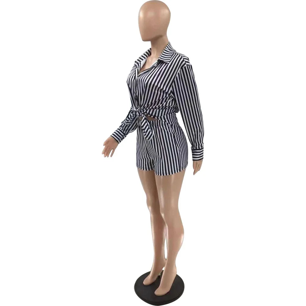 Summer Fashion Sporting Women set Striped Print Button Shirt Top Skinny Shorts Suit Two Piece Set Elegant Tracksuits