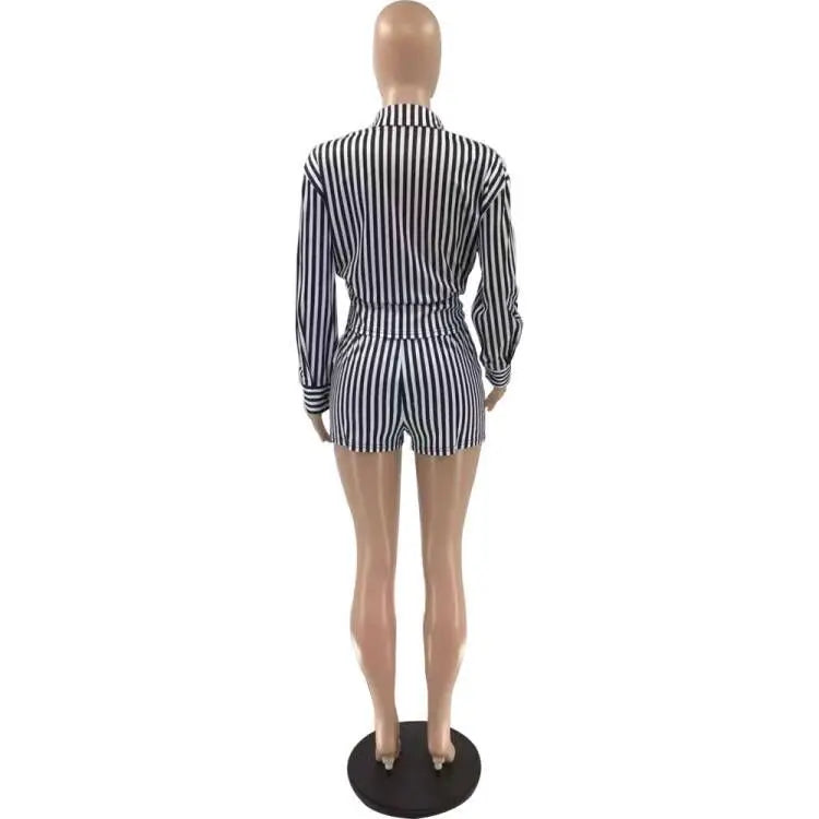 Summer Fashion Sporting Women set Striped Print Button Shirt Top Skinny Shorts Suit Two Piece Set Elegant Tracksuits