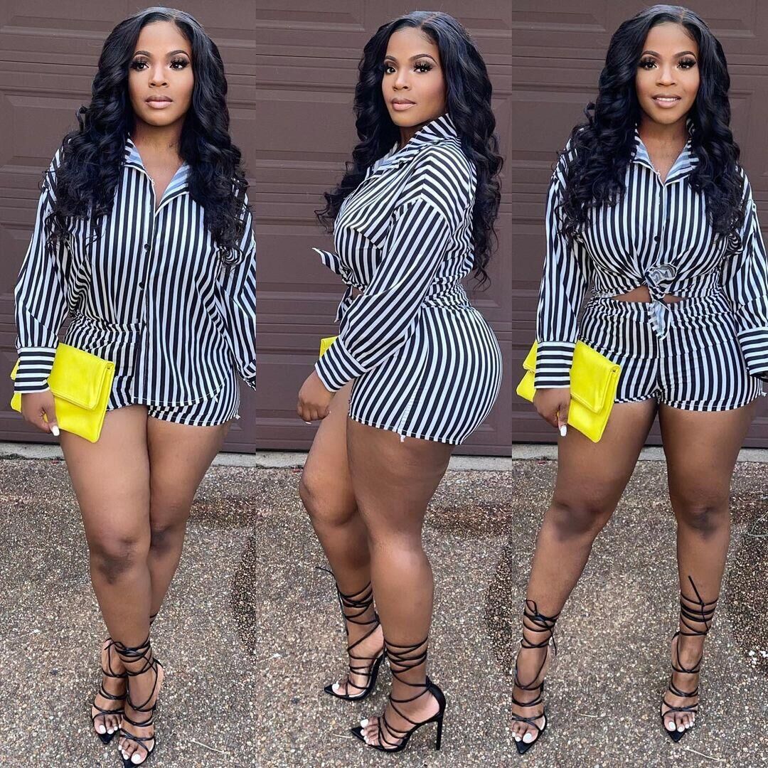 Summer Fashion Sporting Women set Striped Print Button Shirt Top Skinny Shorts Suit Two Piece Set Elegant Tracksuits