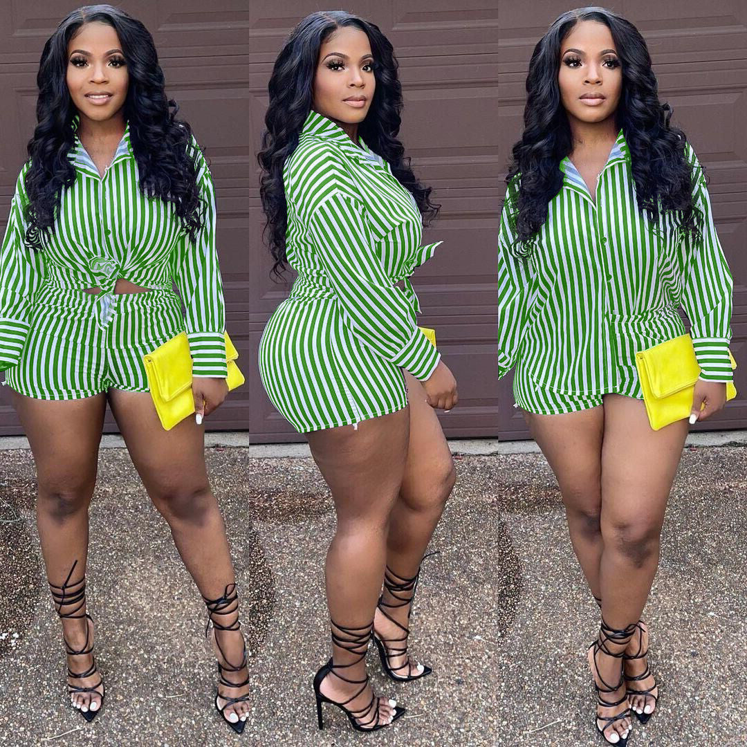 Summer Fashion Sporting Women set Striped Print Button Shirt Top Skinny Shorts Suit Two Piece Set Elegant Tracksuits