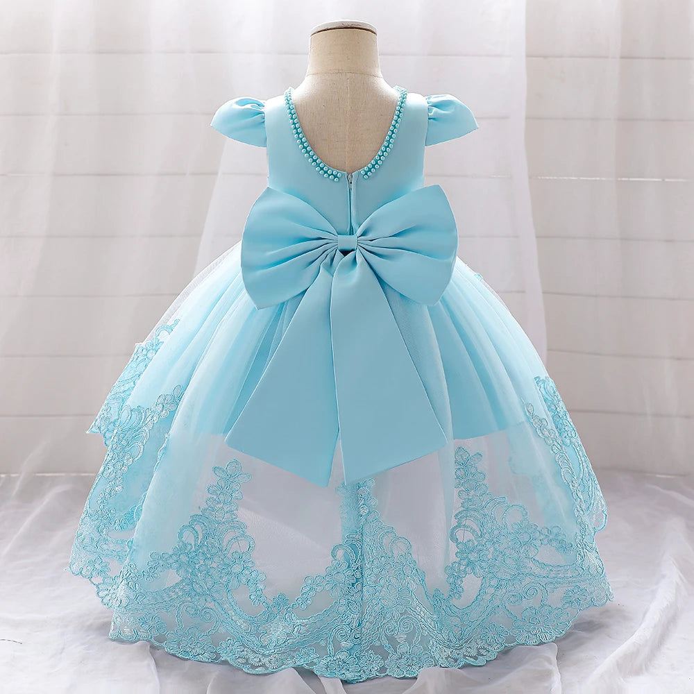 Toddler Bow Baby Dress For Girls Beading Tulle Princess 1st Birthday Embroidery Kids Party Dresses for Girl Pink Baptism Costume