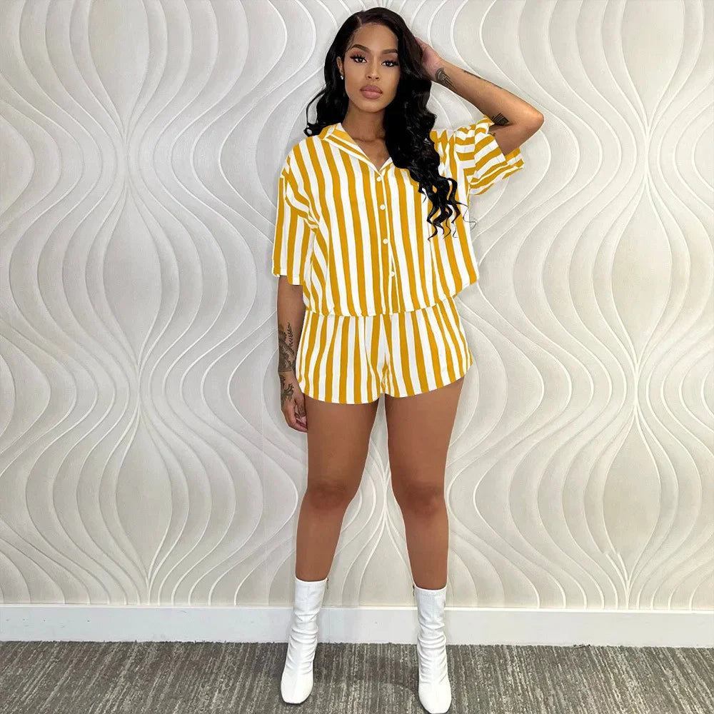 Summer Fashion Sporting Women set Striped Print Button Shirt Top Skinny Shorts Suit Two Piece Set Elegant Tracksuits