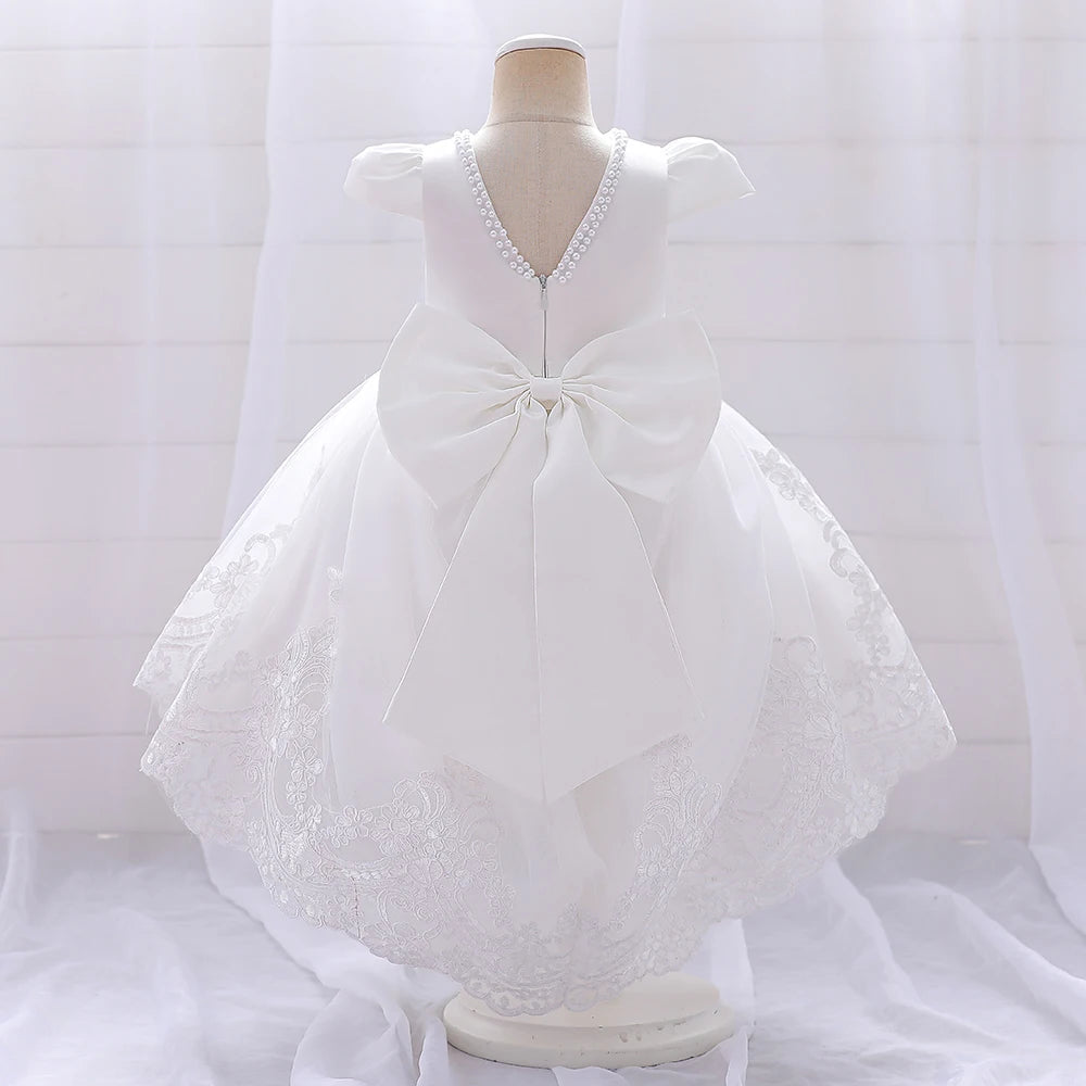 Toddler Bow Baby Dress For Girls Beading Tulle Princess 1st Birthday Embroidery Kids Party Dresses for Girl Pink Baptism Costume