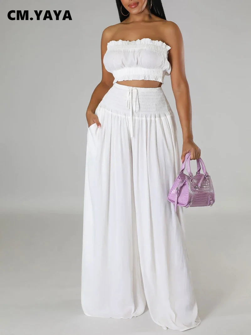 CM.YAYA Fashion Women's Set Strapless Crop Top and High Waist Wide Leg Loose Pants 2023 Beach Two 2 Piece Set Outfits Tracksuit
