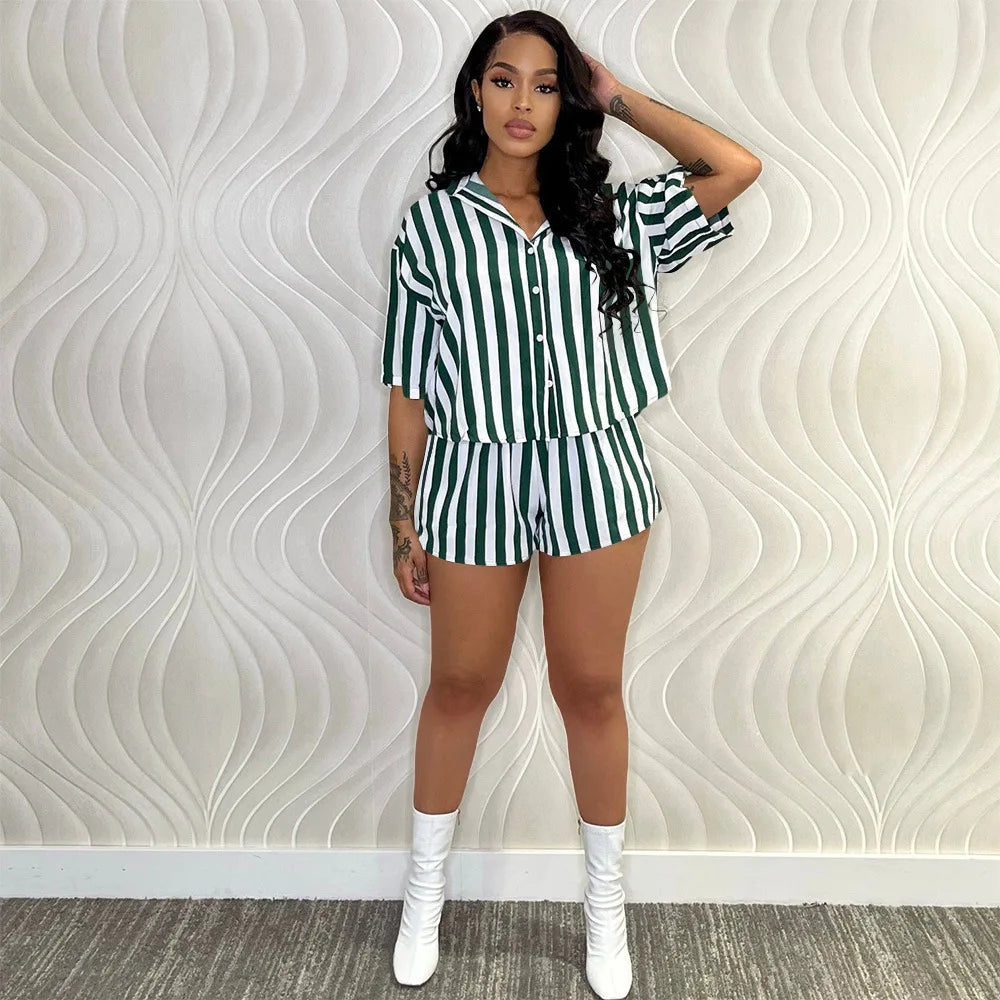 Summer Fashion Sporting Women set Striped Print Button Shirt Top Skinny Shorts Suit Two Piece Set Elegant Tracksuits