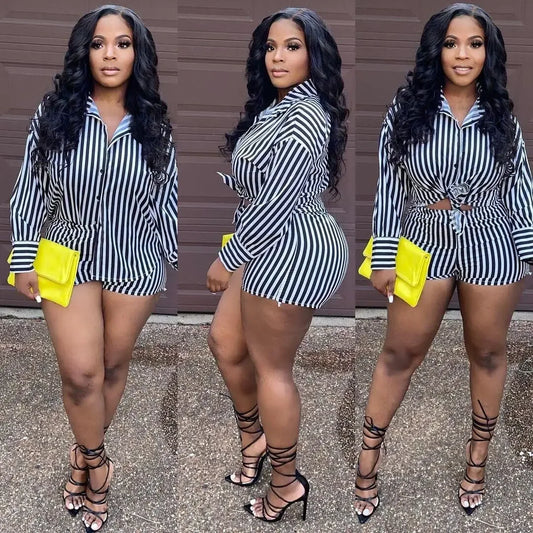 Summer Fashion Sporting Women set Striped Print Button Shirt Top Skinny Shorts Suit Two Piece Set Elegant Tracksuits
