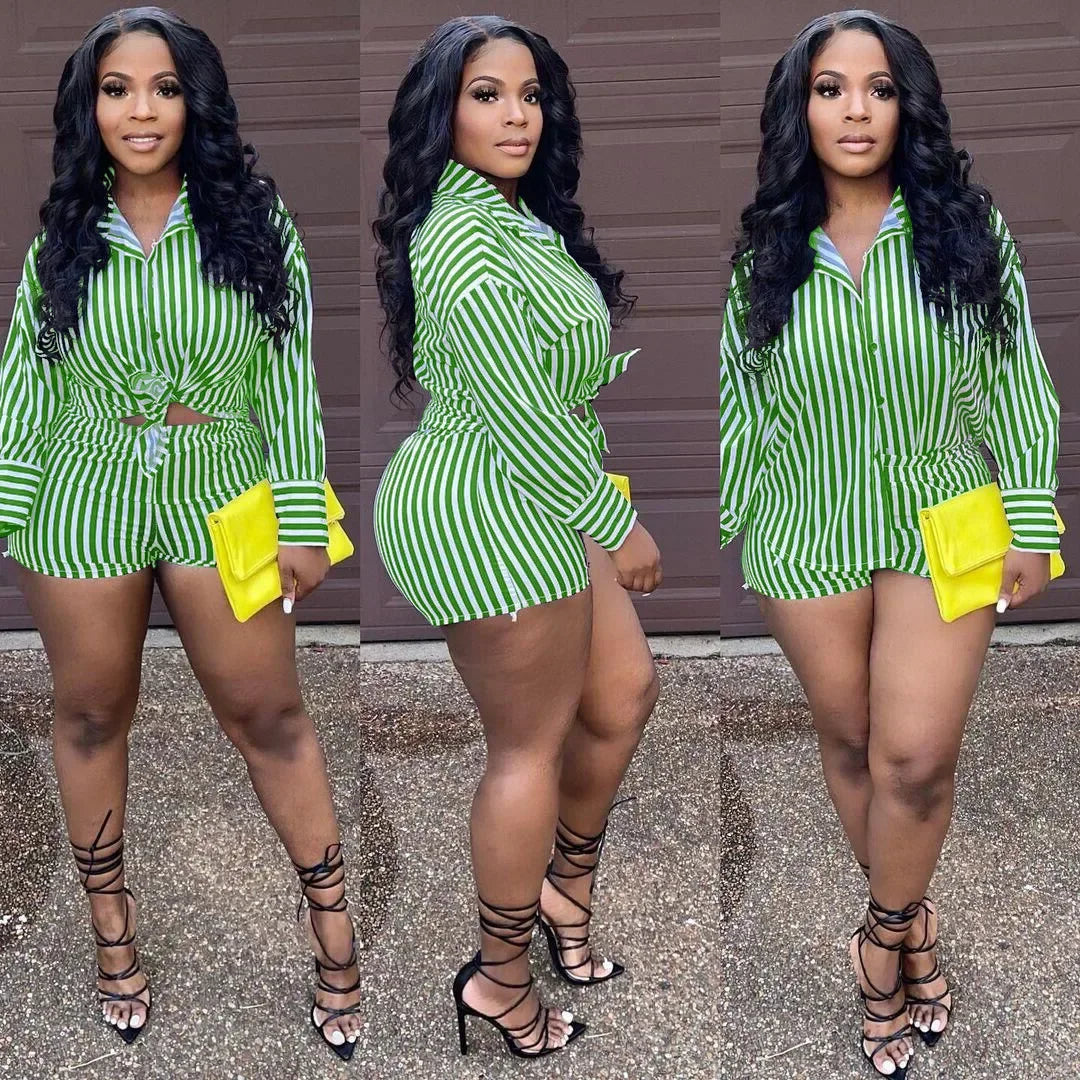 Summer Fashion Sporting Women set Striped Print Button Shirt Top Skinny Shorts Suit Two Piece Set Elegant Tracksuits