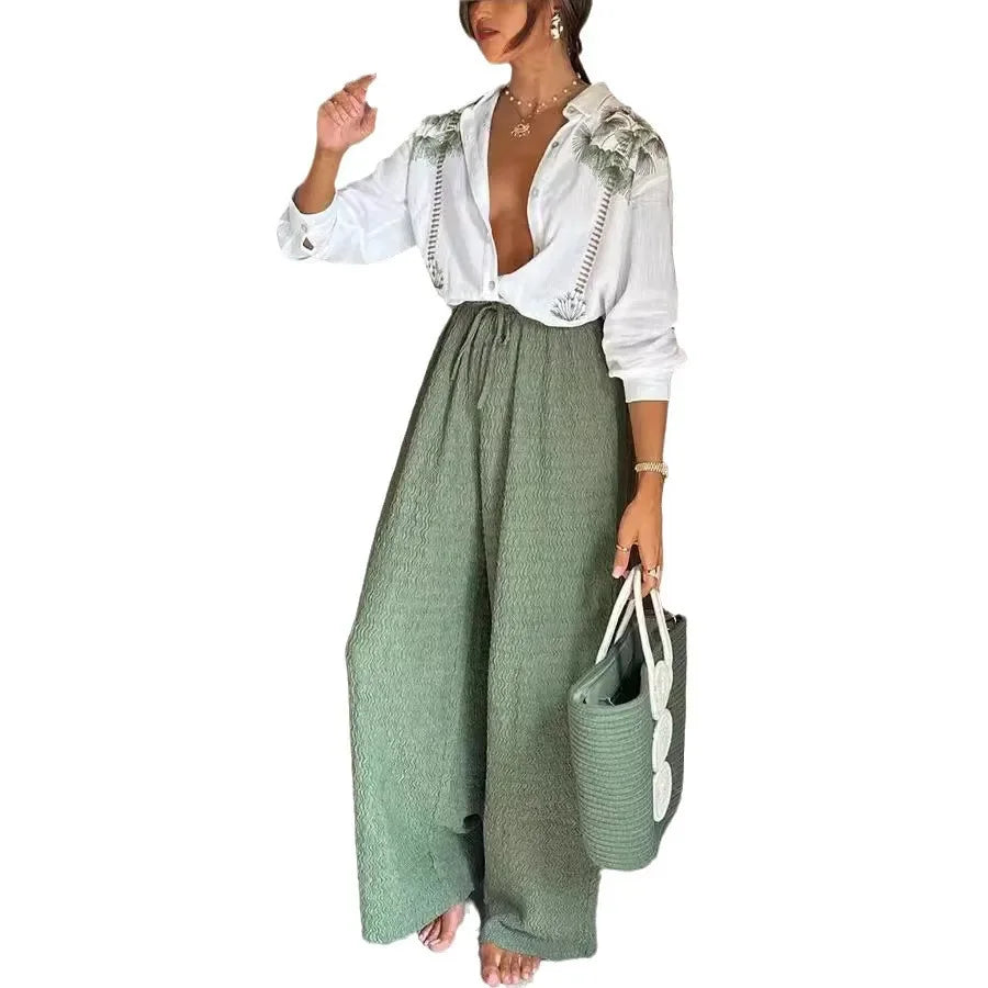 Women 2pcs Clothes Set Long Sleeve Floral Flower Single Breasted Shirt Top & High Waist Wide Leg Pants