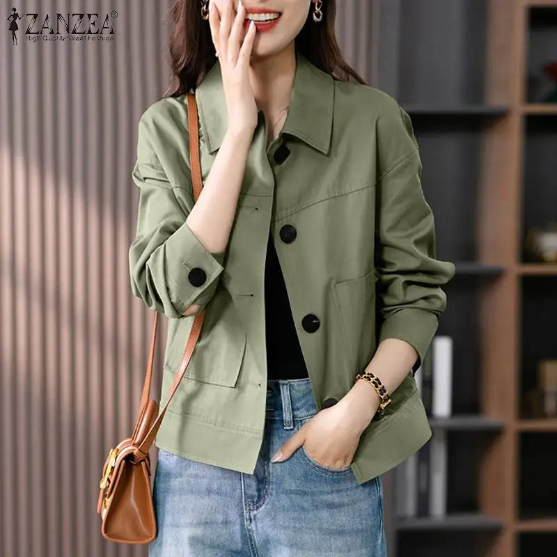 ZANZEA Autumn Jackets Women Vintage Solid Coats Long Sleeve Blouse Casual Solid Shirt Female Outwear Elegant Holiday Blazer Tops