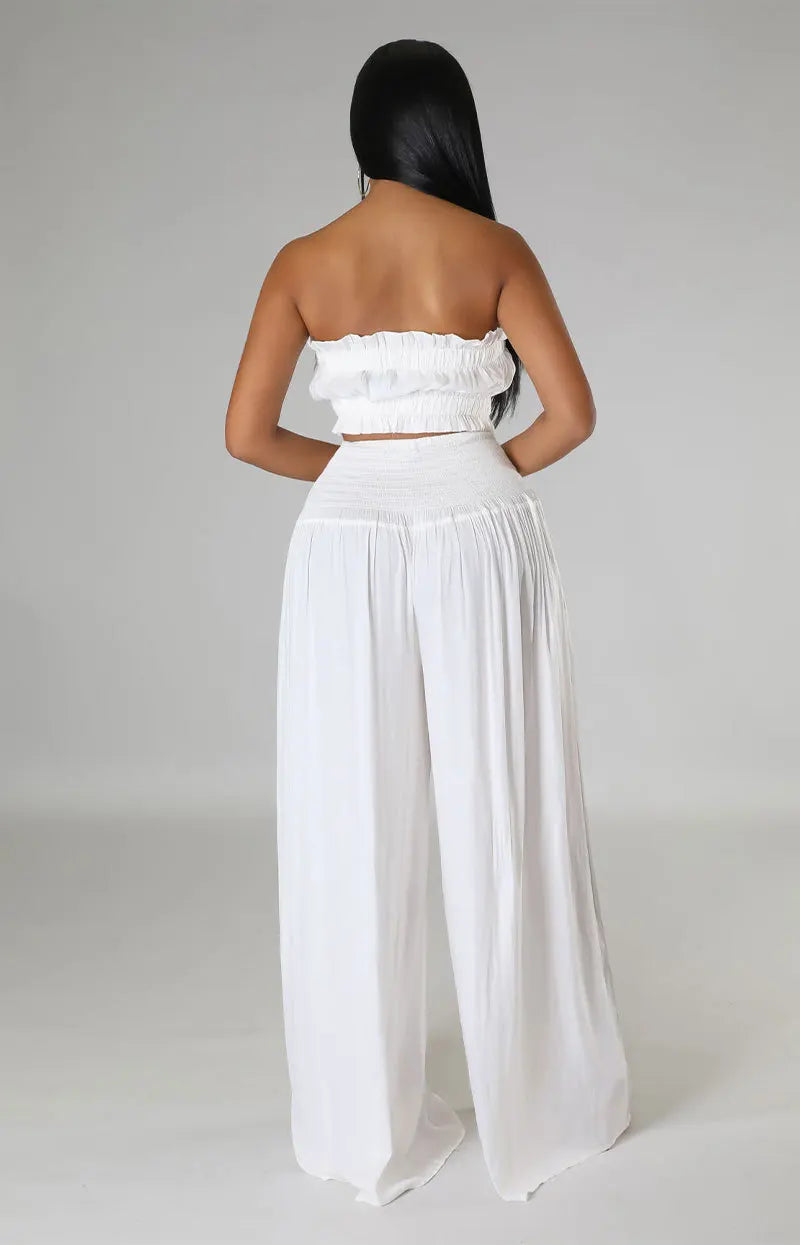 CM.YAYA Fashion Women's Set Strapless Crop Top and High Waist Wide Leg Loose Pants 2023 Beach Two 2 Piece Set Outfits Tracksuit