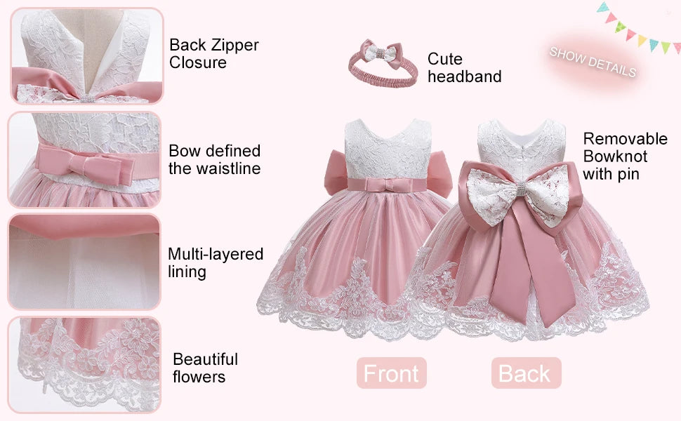 LZH Baby Girls Dress Newborn Clothes Princess Dress+Headwear For Toddler 1st Year Birthday Wedding Christening Infant Party Gown