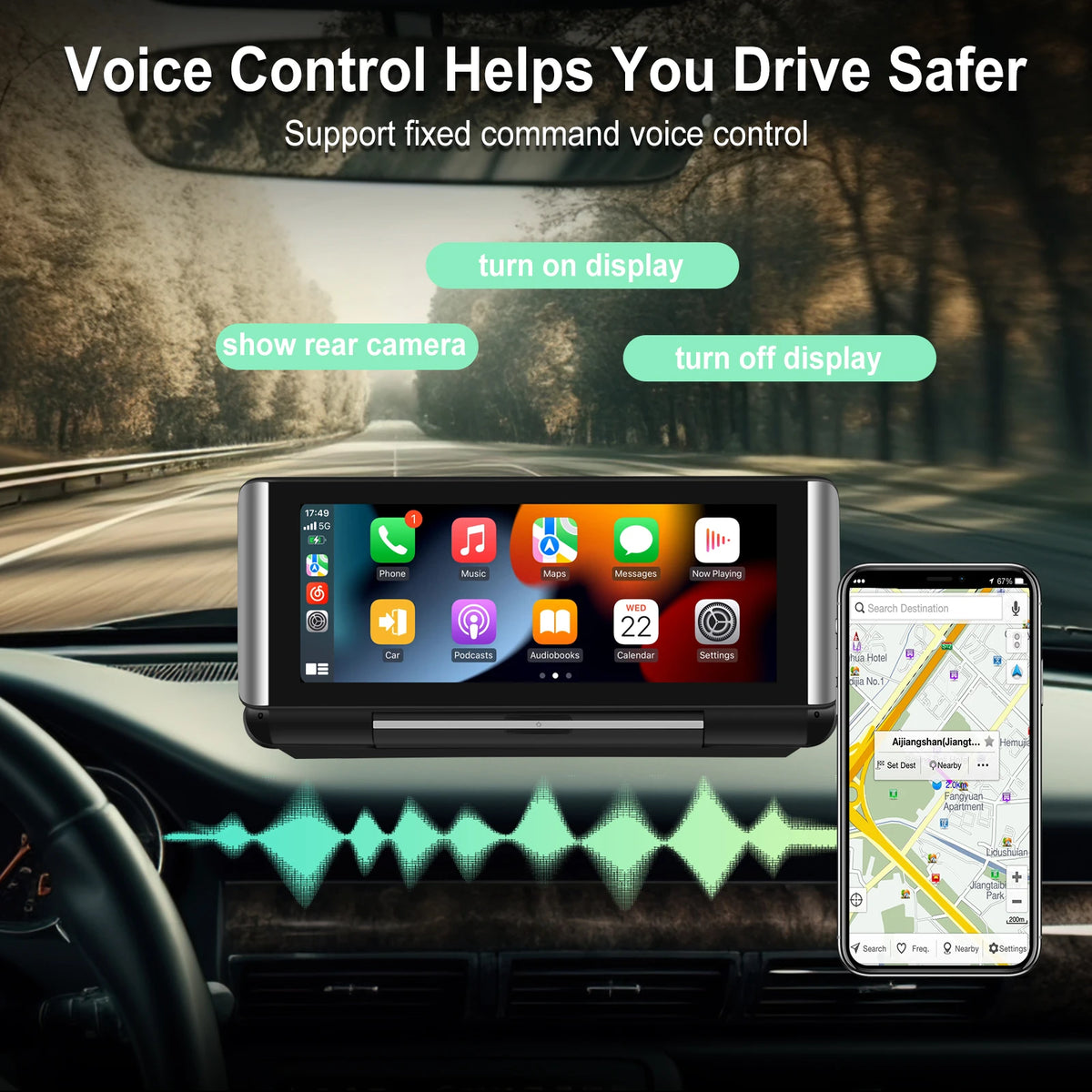 Podofo 6.86"Car Monitor Carplay Android Auto Screen Portable Smart Player Bluetooth Music Voice Control For Toyota Honda Hyundai