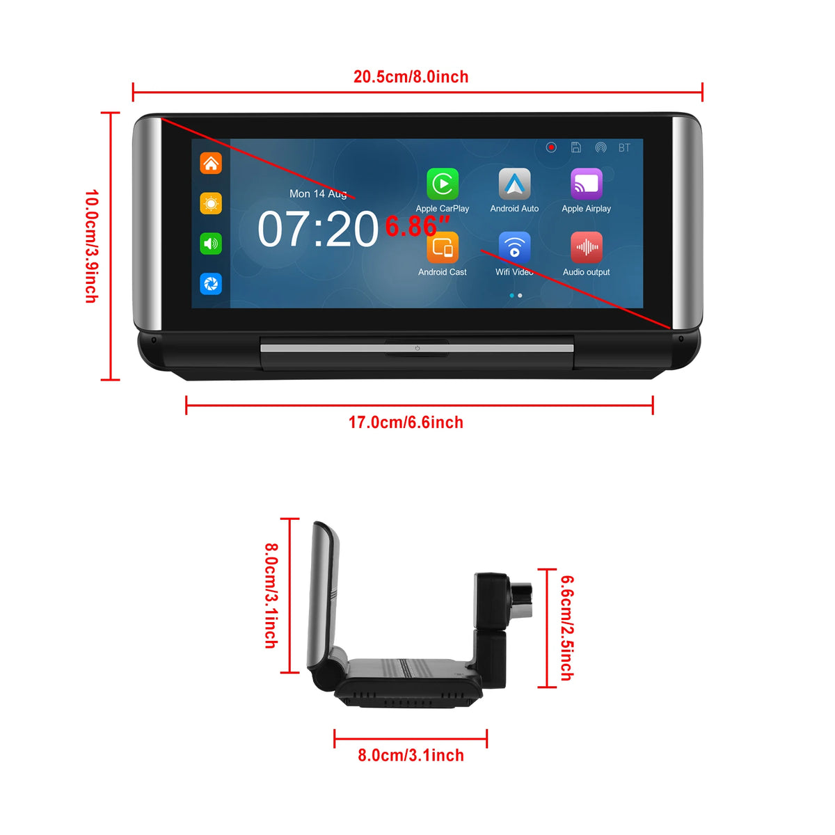 Podofo 6.86"Car Monitor Carplay Android Auto Screen Portable Smart Player Bluetooth Music Voice Control For Toyota Honda Hyundai