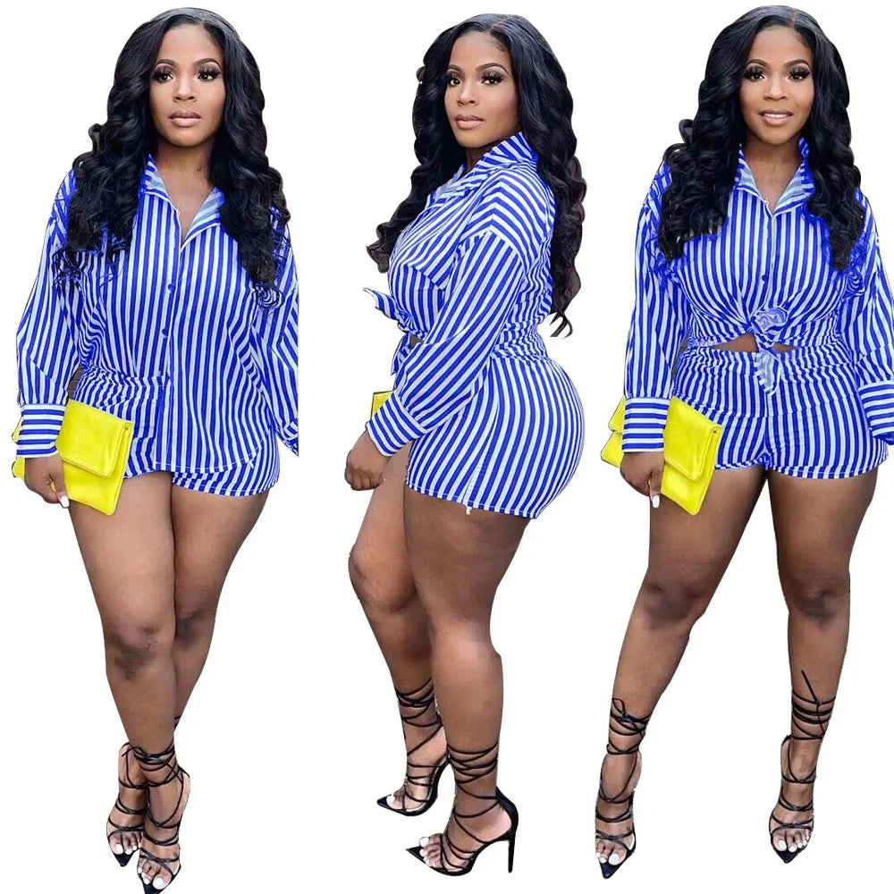 Summer Fashion Sporting Women set Striped Print Button Shirt Top Skinny Shorts Suit Two Piece Set Elegant Tracksuits