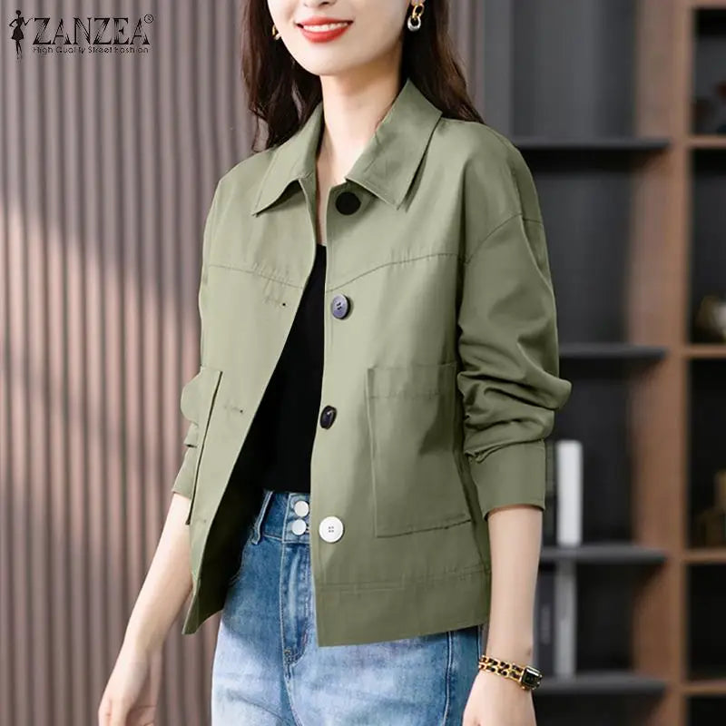 ZANZEA Autumn Jackets Women Vintage Solid Coats Long Sleeve Blouse Casual Solid Shirt Female Outwear Elegant Holiday Blazer Tops