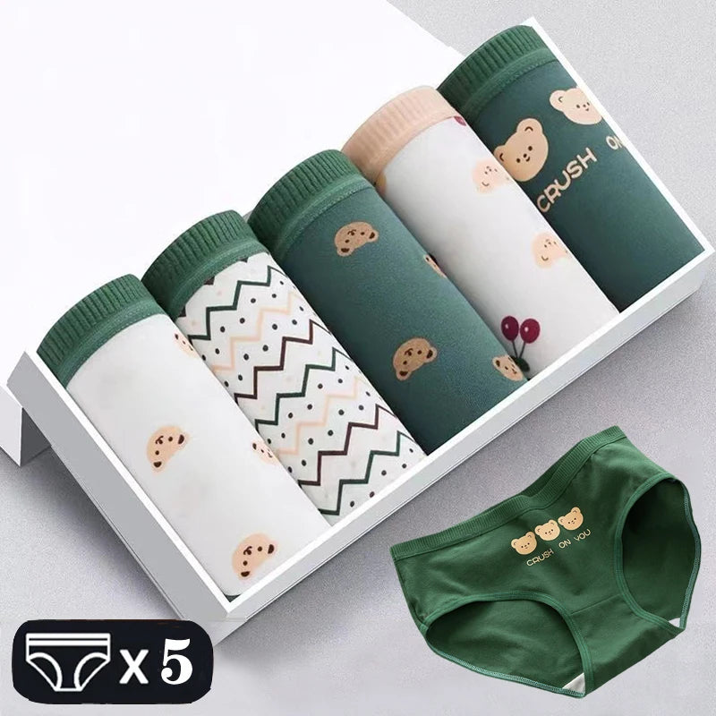 5Pcs Soft Cotton Panties For Women Cute Girls Briefs Female Mid Waist Underwear Intimates Underpants Sexy Lingerie Shorts M-XXL