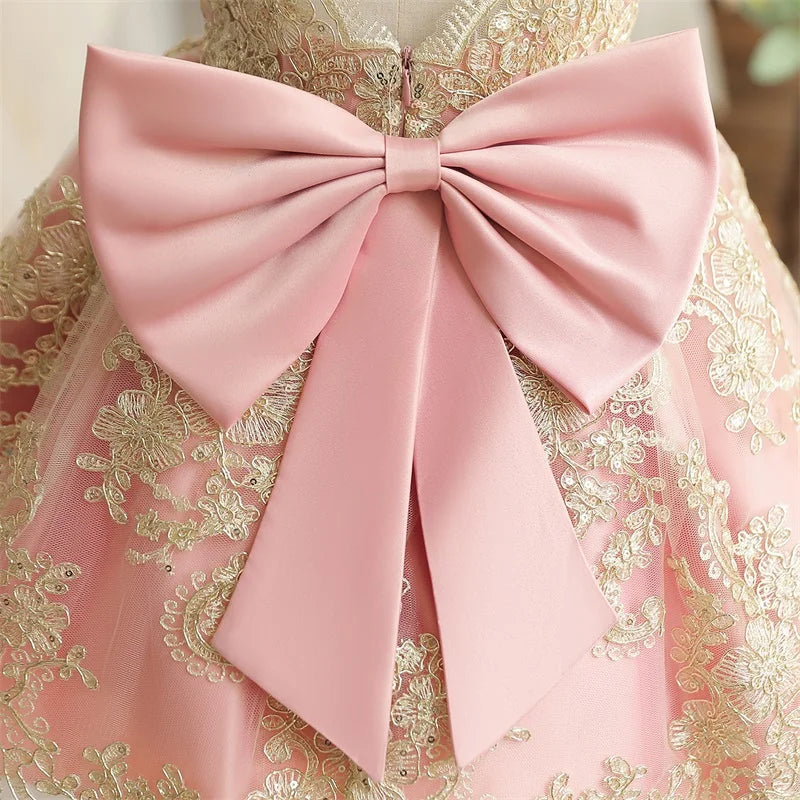 Embroidery Elegant Princess Dress for Girls Luxury Golden Lace Vintage Children Festival Party Gown Baby Formal Weddings Dresses