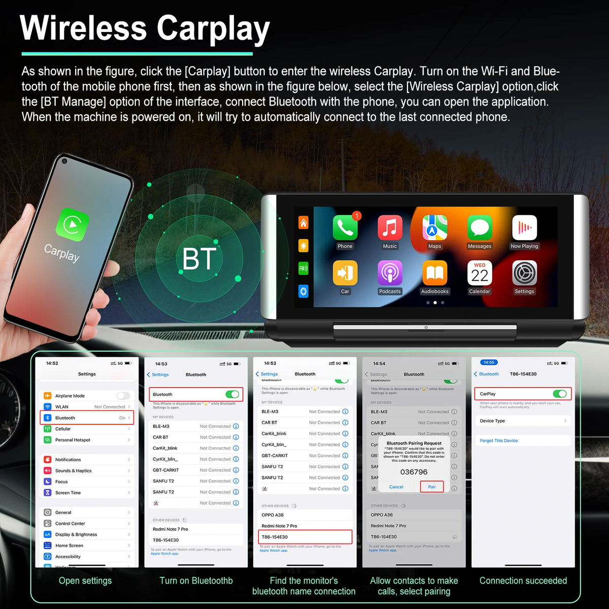 Podofo 6.86"Car Monitor Carplay Android Auto Screen Portable Smart Player Bluetooth Music Voice Control For Toyota Honda Hyundai