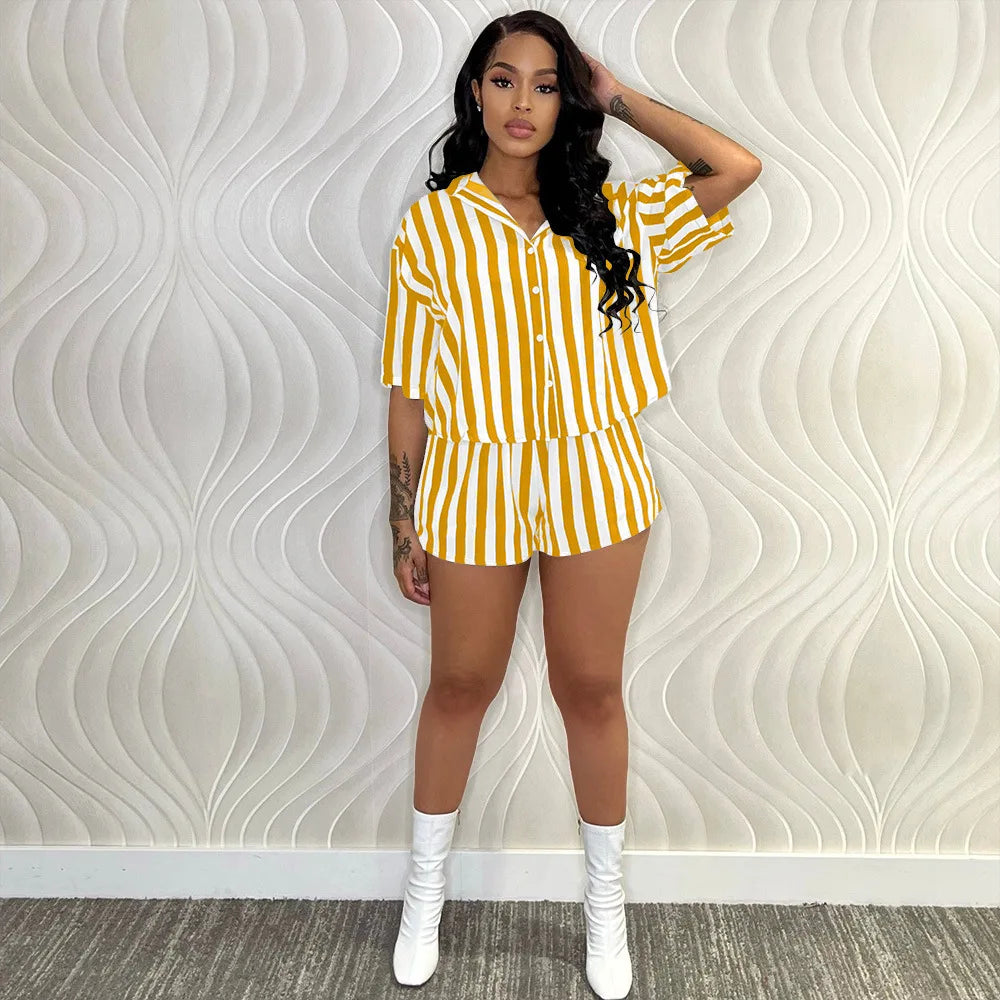 Summer Fashion Sporting Women set Striped Print Button Shirt Top Skinny Shorts Suit Two Piece Set Elegant Tracksuits