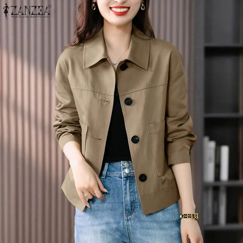 ZANZEA Autumn Jackets Women Vintage Solid Coats Long Sleeve Blouse Casual Solid Shirt Female Outwear Elegant Holiday Blazer Tops