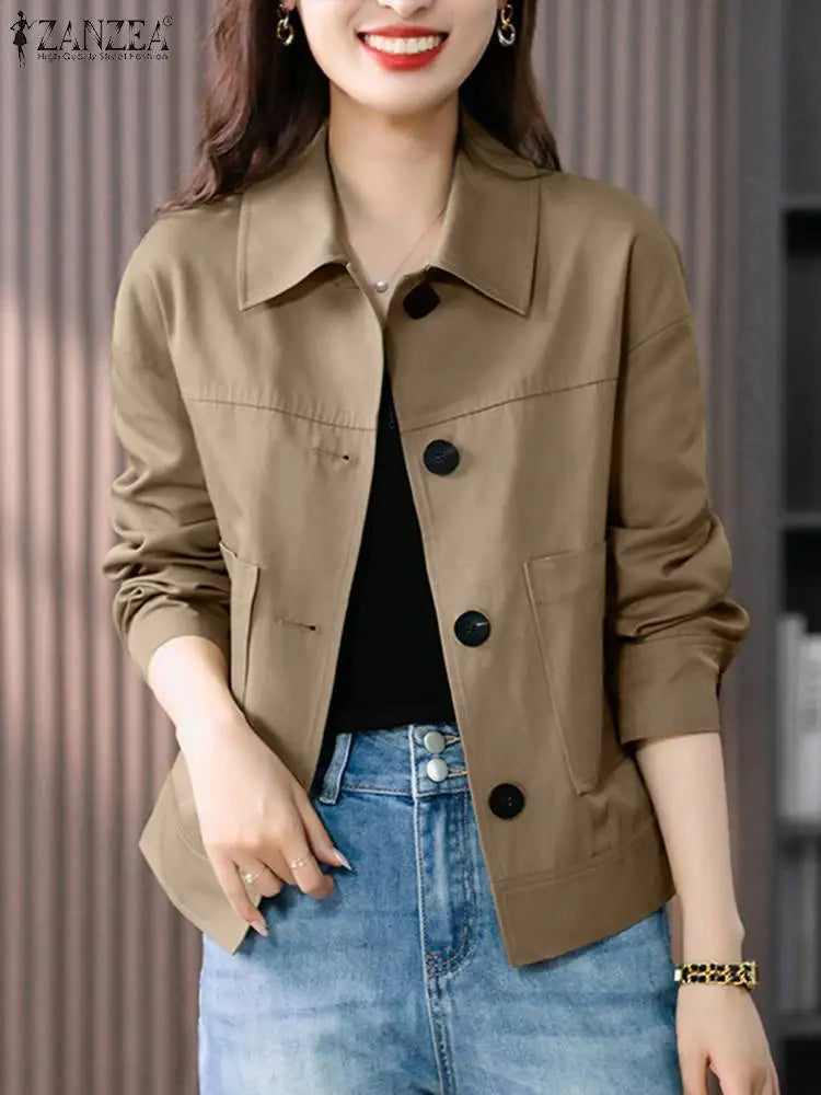 ZANZEA Autumn Jackets Women Vintage Solid Coats Long Sleeve Blouse Casual Solid Shirt Female Outwear Elegant Holiday Blazer Tops