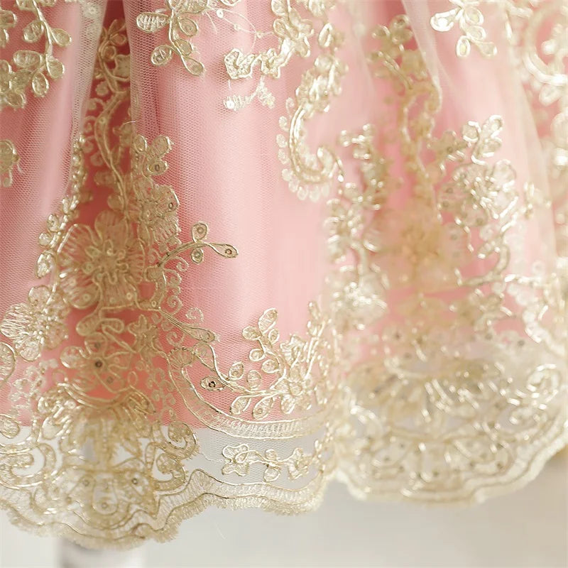 Embroidery Elegant Princess Dress for Girls Luxury Golden Lace Vintage Children Festival Party Gown Baby Formal Weddings Dresses