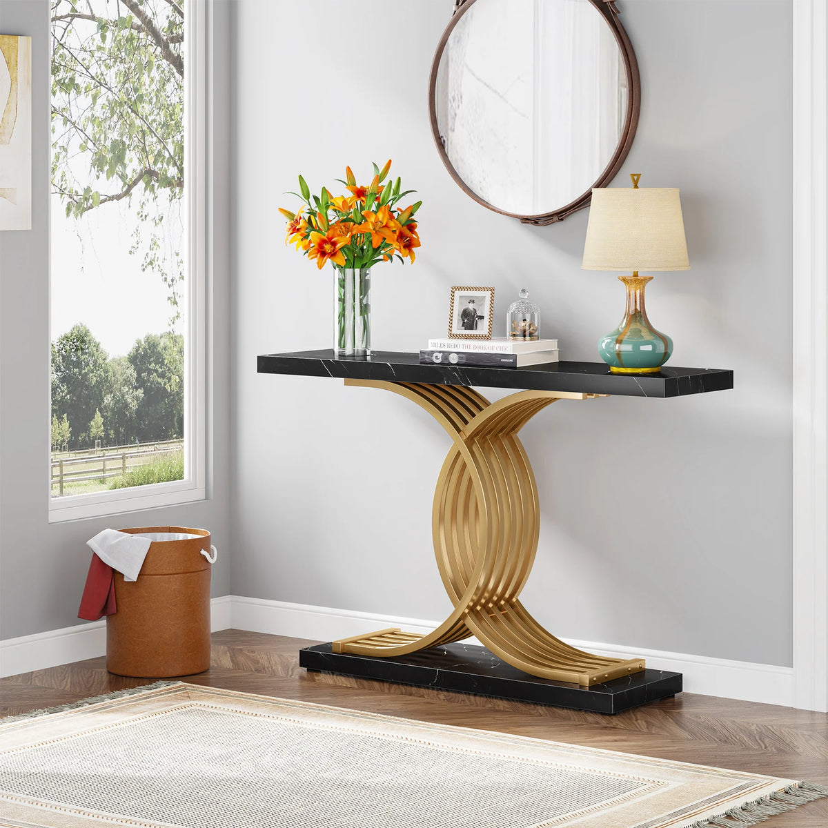 Tribesigns Gold Entryway Table, Modern 39-Inch Console Faux Marble Narrow Wood Sofa with Geometric Metal Legs