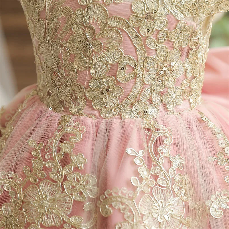 Embroidery Elegant Princess Dress for Girls Luxury Golden Lace Vintage Children Festival Party Gown Baby Formal Weddings Dresses