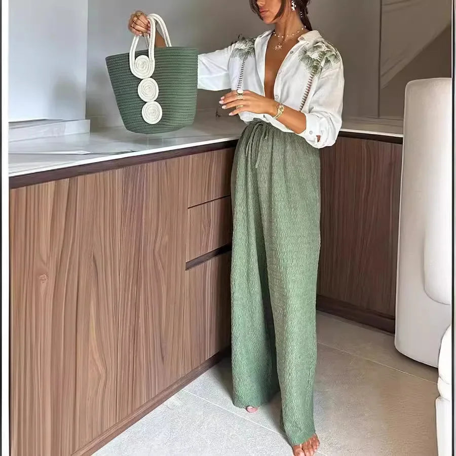 Women 2pcs Clothes Set Long Sleeve Floral Flower Single Breasted Shirt Top & High Waist Wide Leg Pants