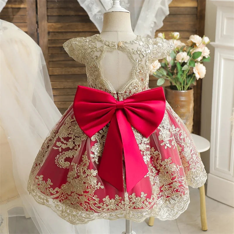 Embroidery Elegant Princess Dress for Girls Luxury Golden Lace Vintage Children Festival Party Gown Baby Formal Weddings Dresses