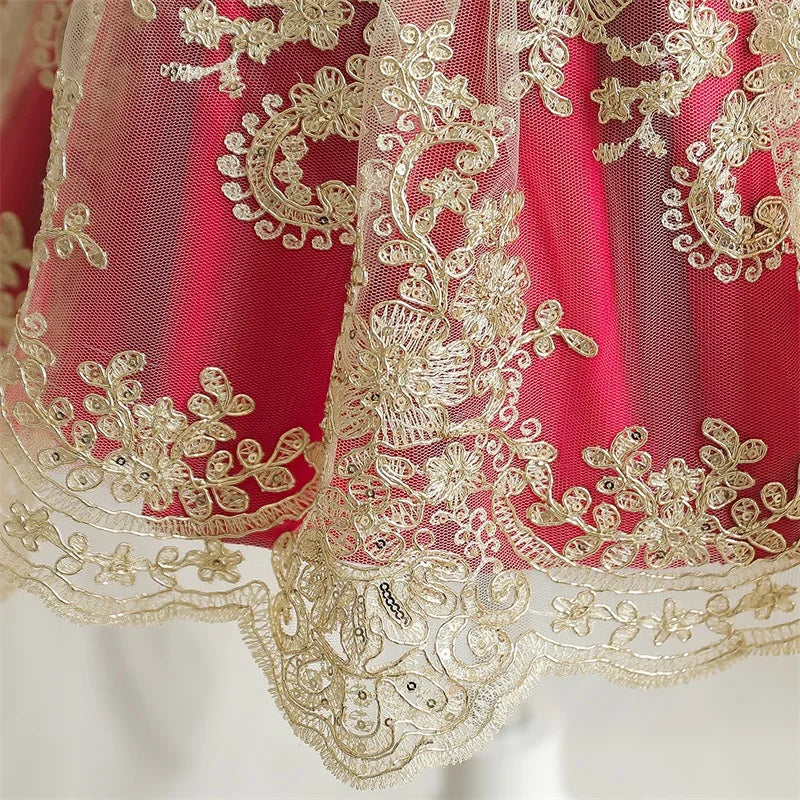 Embroidery Elegant Princess Dress for Girls Luxury Golden Lace Vintage Children Festival Party Gown Baby Formal Weddings Dresses