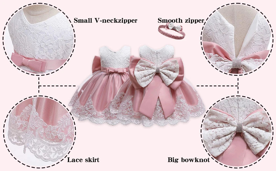 LZH Baby Girls Dress Newborn Clothes Princess Dress+Headwear For Toddler 1st Year Birthday Wedding Christening Infant Party Gown