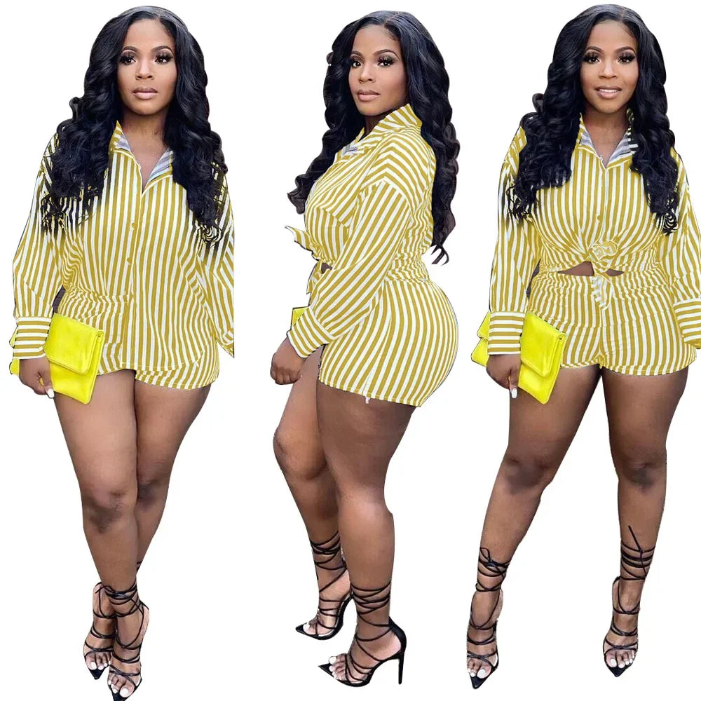 Summer Fashion Sporting Women set Striped Print Button Shirt Top Skinny Shorts Suit Two Piece Set Elegant Tracksuits