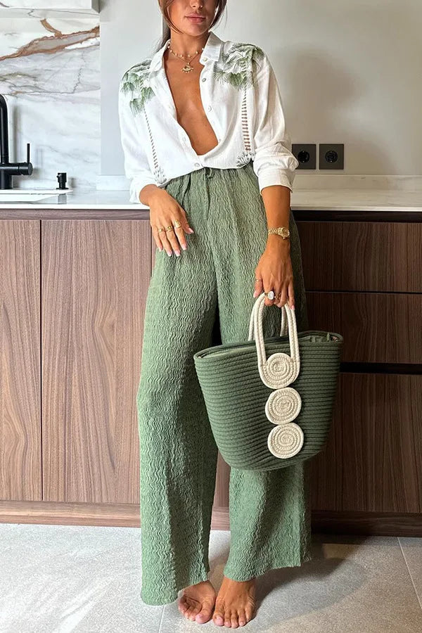 Women 2pcs Clothes Set Long Sleeve Floral Flower Single Breasted Shirt Top & High Waist Wide Leg Pants