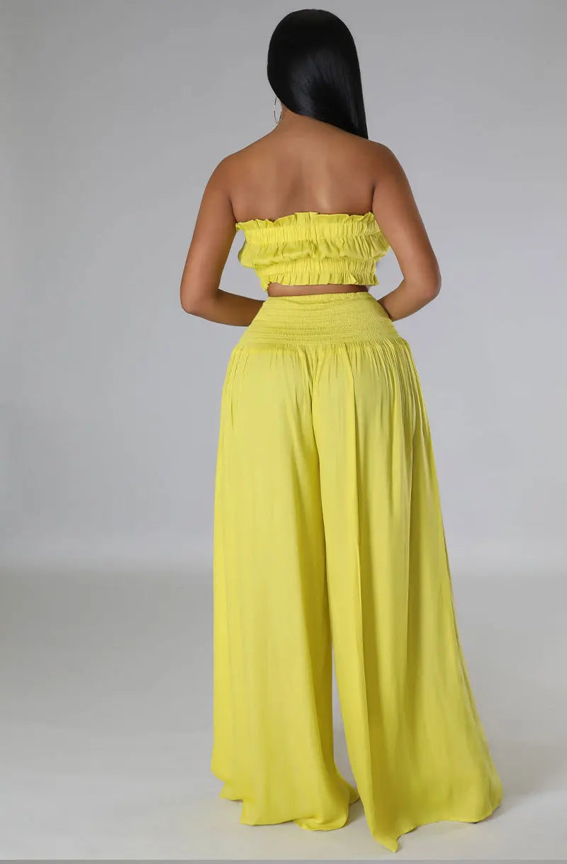 CM.YAYA Fashion Women's Set Strapless Crop Top and High Waist Wide Leg Loose Pants 2023 Beach Two 2 Piece Set Outfits Tracksuit