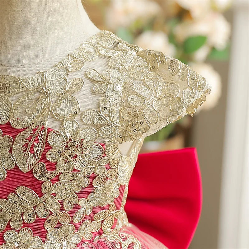 Embroidery Elegant Princess Dress for Girls Luxury Golden Lace Vintage Children Festival Party Gown Baby Formal Weddings Dresses