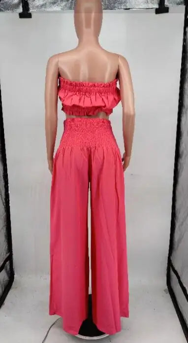 CM.YAYA Fashion Women's Set Strapless Crop Top and High Waist Wide Leg Loose Pants 2023 Beach Two 2 Piece Set Outfits Tracksuit