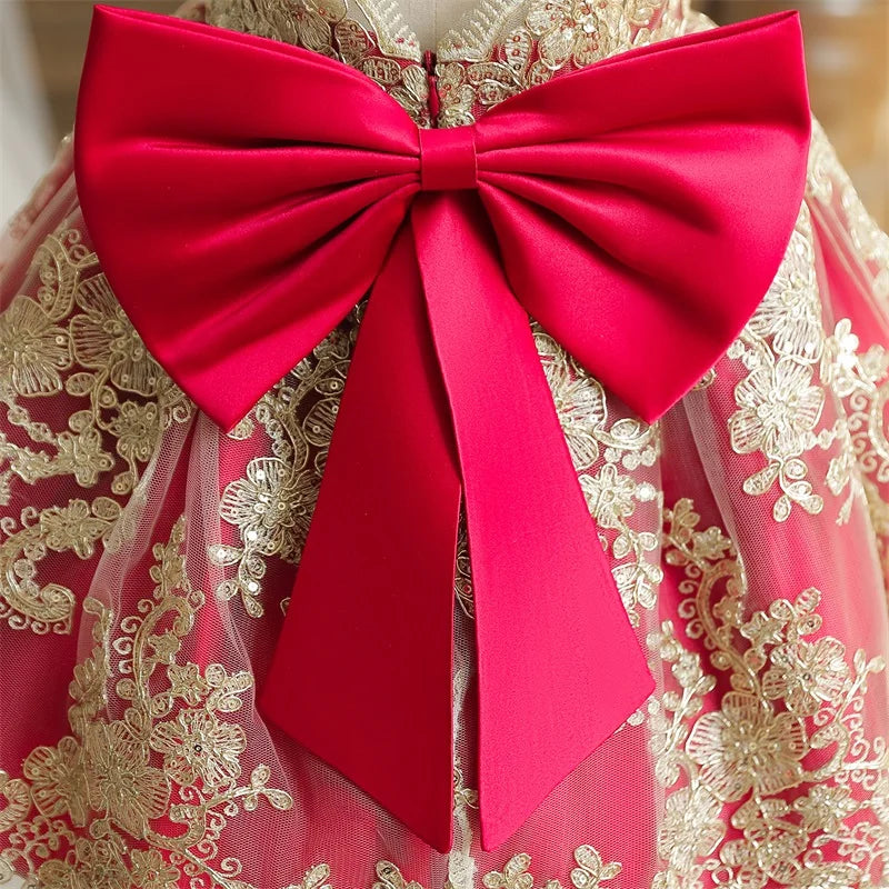 Embroidery Elegant Princess Dress for Girls Luxury Golden Lace Vintage Children Festival Party Gown Baby Formal Weddings Dresses