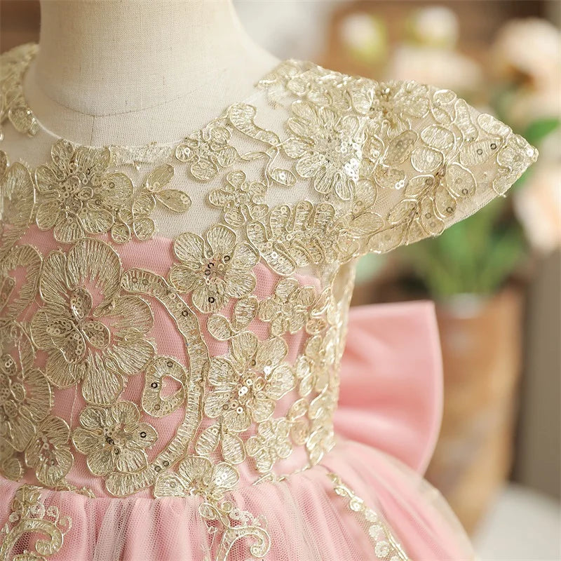 Embroidery Elegant Princess Dress for Girls Luxury Golden Lace Vintage Children Festival Party Gown Baby Formal Weddings Dresses