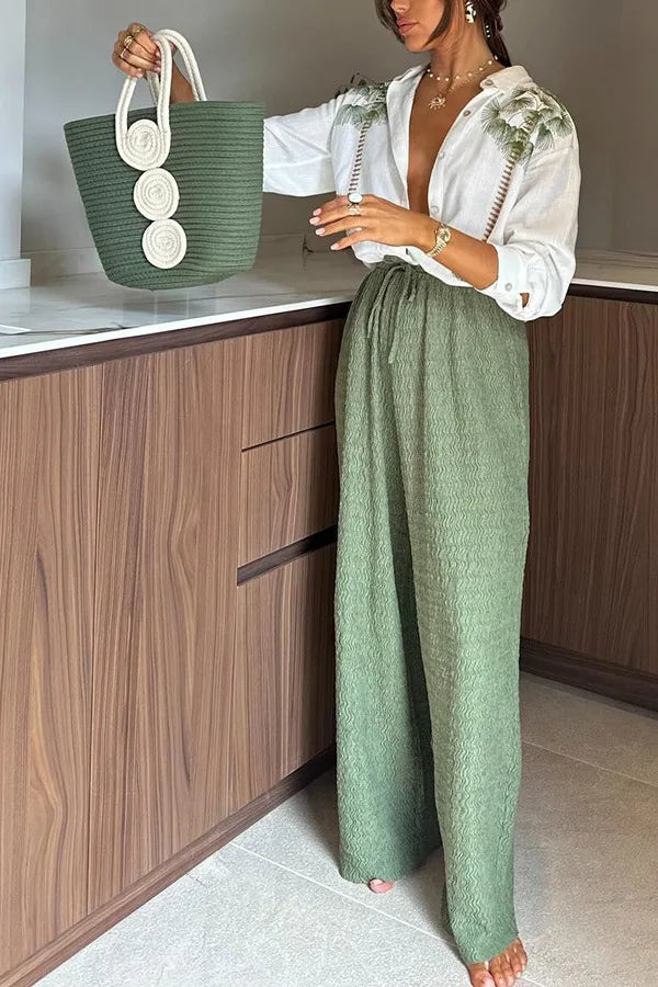Women 2pcs Clothes Set Long Sleeve Floral Flower Single Breasted Shirt Top & High Waist Wide Leg Pants