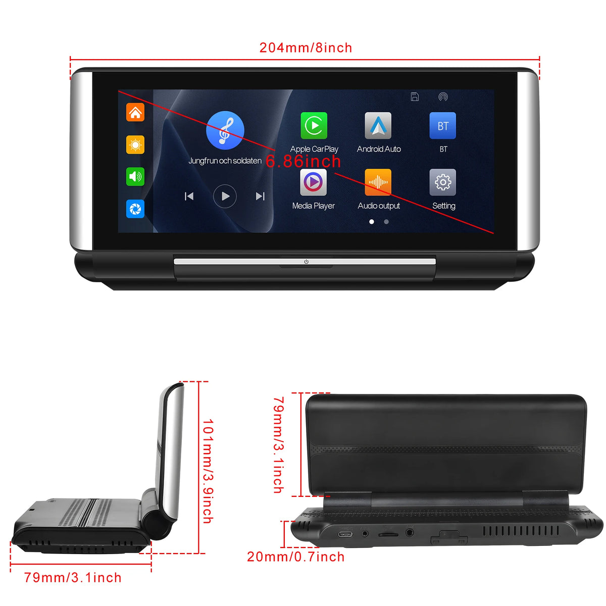Podofo 6.86"Car Monitor Carplay Android Auto Screen Portable Smart Player Bluetooth Music Voice Control For Toyota Honda Hyundai