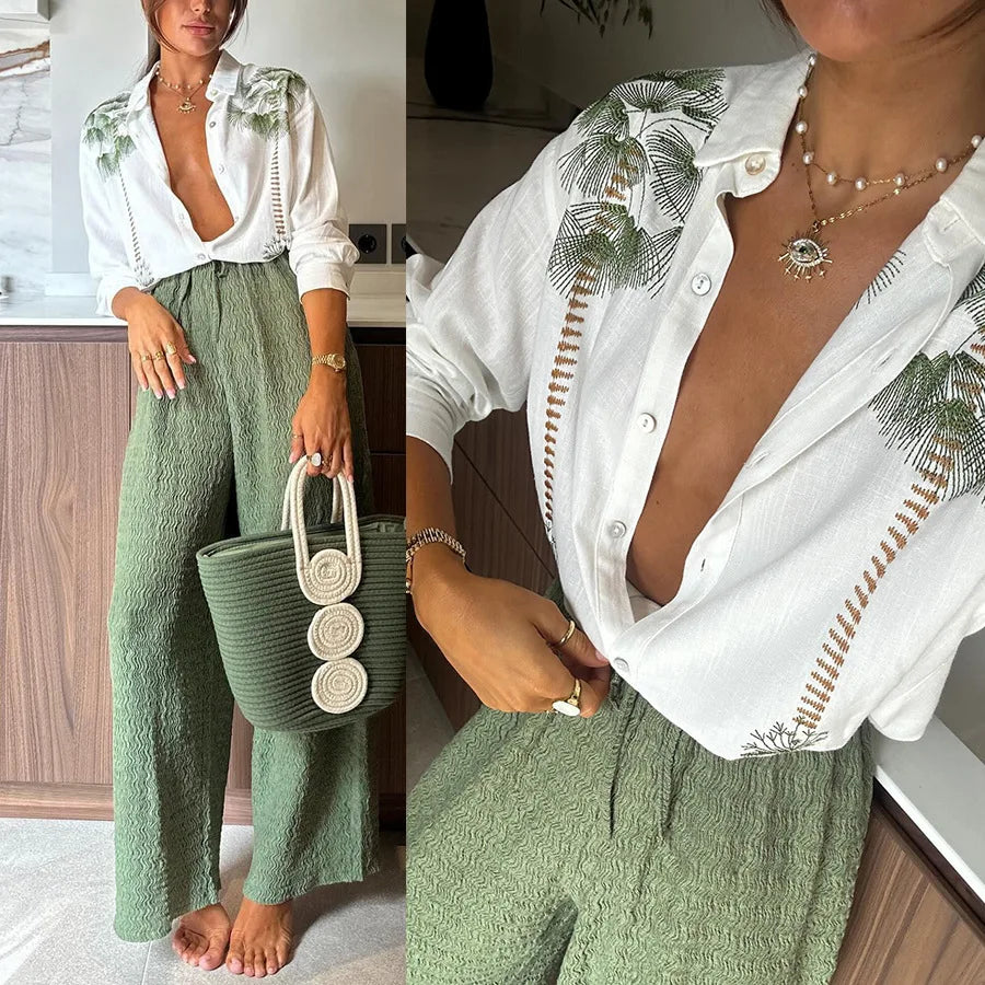 Women 2pcs Clothes Set Long Sleeve Floral Flower Single Breasted Shirt Top & High Waist Wide Leg Pants