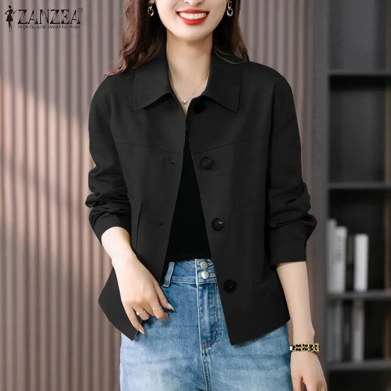 ZANZEA Autumn Jackets Women Vintage Solid Coats Long Sleeve Blouse Casual Solid Shirt Female Outwear Elegant Holiday Blazer Tops