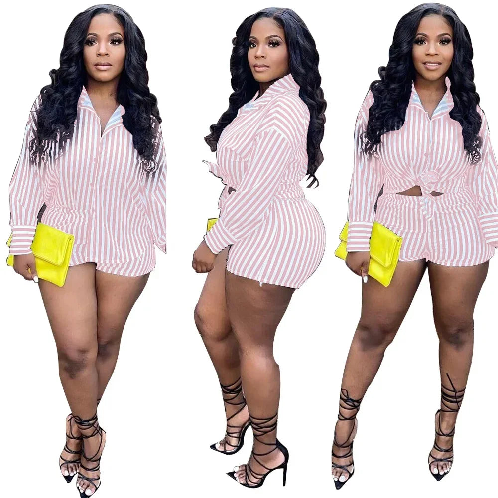 Summer Fashion Sporting Women set Striped Print Button Shirt Top Skinny Shorts Suit Two Piece Set Elegant Tracksuits