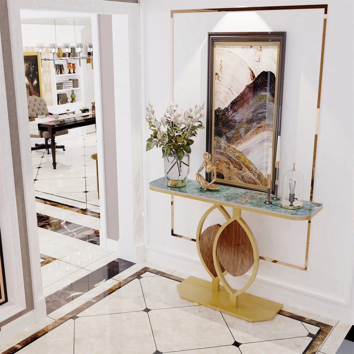 Exclusive Design Gold Leaf Console Table Entryway Accent Table Office Coffee Bar Metal Frame