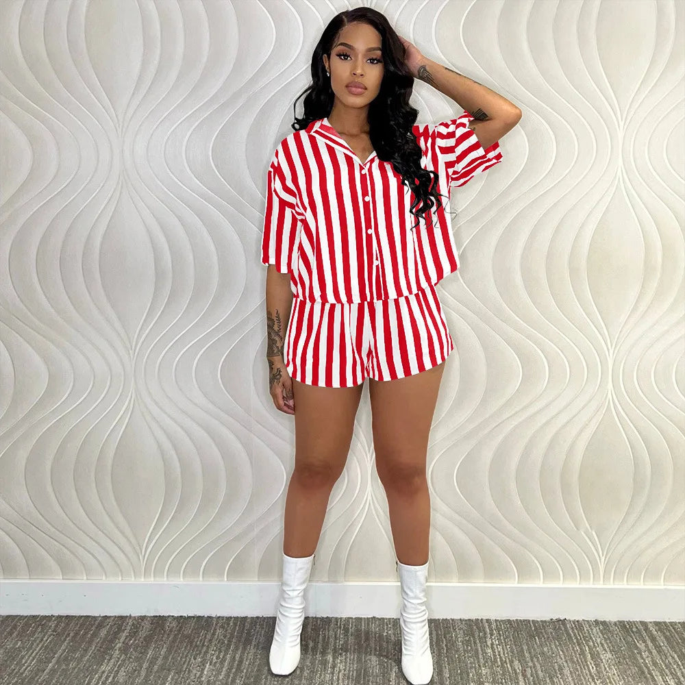 Summer Fashion Sporting Women set Striped Print Button Shirt Top Skinny Shorts Suit Two Piece Set Elegant Tracksuits