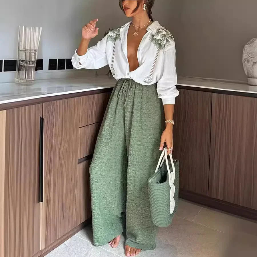 Women 2pcs Clothes Set Long Sleeve Floral Flower Single Breasted Shirt Top & High Waist Wide Leg Pants