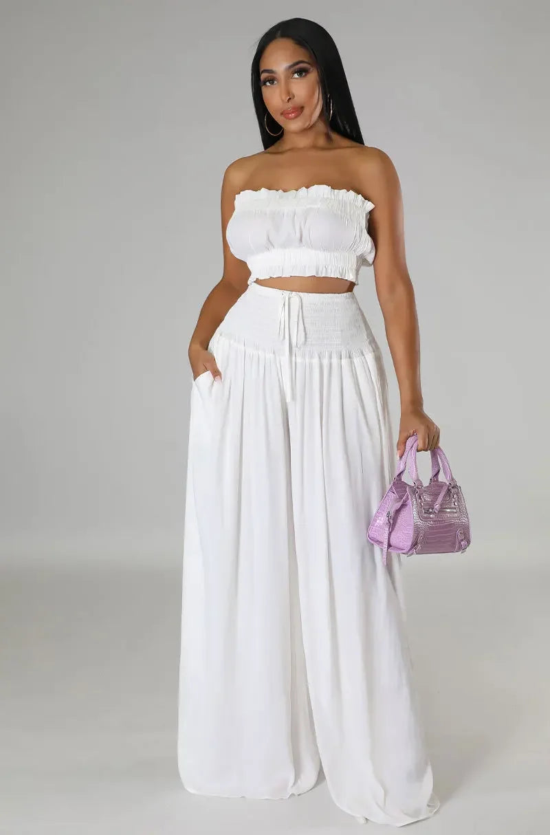 CM.YAYA Fashion Women's Set Strapless Crop Top and High Waist Wide Leg Loose Pants 2023 Beach Two 2 Piece Set Outfits Tracksuit